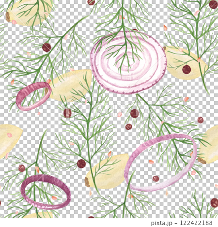 Garlic clove, dill, pepper, salt, onion rings watercolor seamless pattern isolated on white background, hand drawn for food design. Spice box, restaurant menu, packaging, wrapping paper decor and 122422188