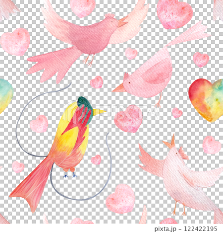 Birds of paradise fell in love cartoon characters, hearts hand painted watercolor seamless illustration isolated on white. Perfect for cards, children decor, wrapping paper, Saint Valentine. Love clip 122422195