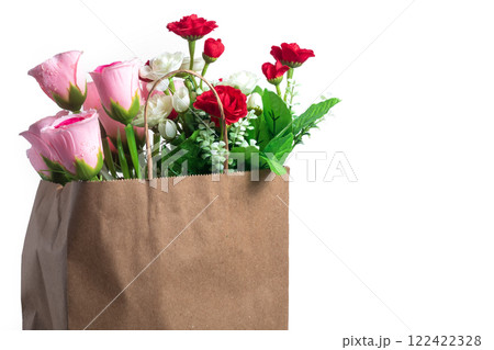 Fresh bouquet of flowers in a paper bag with white background. Perfect for natural and gift themed projects Fresh bouquet of flowers in a paper bag with white background. Perfect for natural and gift themed projects 122422328