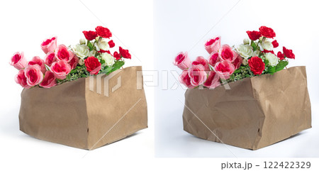 Colorful flower in the paper bag scene against the bright background. Before and after to remove the fold and crease. Colorful flower in the paper bag scene against the bright background. Before and after to remove the fold and crease. 122422329