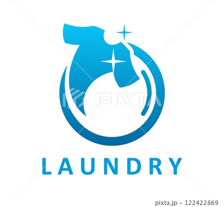 Laundry icon for laundromat or wash service symbol with T shirt and clean shine, vector emblem. Laundry or dry cleaning service icon of washing machine window with clothes and fresh washed shining 122422869