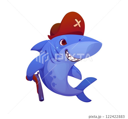 Cartoon funny shark pirate character or Caribbean captain in tricorne hat, vector animal. Angry shark fish character as corsair or pirate with filibuster pistol gun in tricorn hat with crossbones 122422883