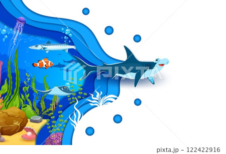 Hammerhead shark character with paper cut underwater landscape, vector poster. Undersea cartoon animals and fishes in paper cut sea, funny hammerhead shark with clownfish and coral reef jellyfish 122422916