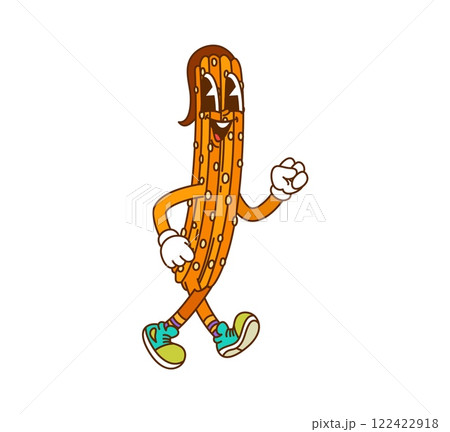 Groovy churro or retro cartoon hippie fast food character, vector funny dessert. Groovy churro with happy smile, chocolate hair and laughing as psychedelic funky fast food character in hipster shoes Groovy churro or retro cartoon hippie fast food character, vector funny dessert. Groovy churro with happy smile, chocolate hair and laughing as psychedelic funky fast food character in hipster shoes 122422918