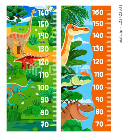 Kids height chart ruler with funny dinosaur characters. Vector growth meter, wall sticker for children height measurement with cartoon dino species in lush jungle forest landscape and centimeter scale 122422931