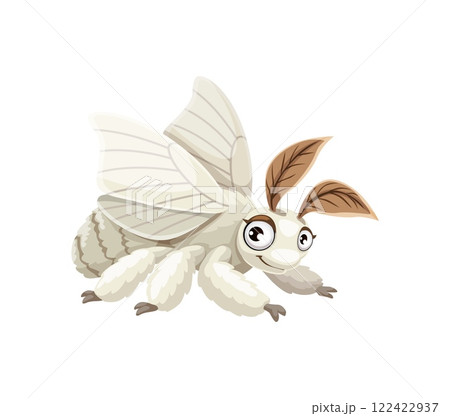 Cartoon funny silkworm butterfly insect character. Isolated vector playful white fluffy moth, silk worm pest, Bombyx mori species personage with large eyes and friendly smile. Cute silkworm butterfly 122422937