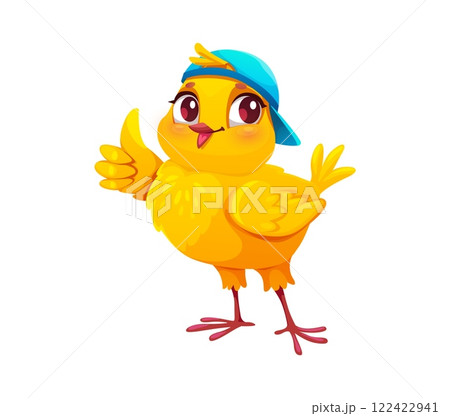 Cartoon newborn chick cute character wearing cap. Spring newborn chick bird cute mascot, Easter holiday baby chicken or farm hen animal funny vector character. Spring newborn chick bird personage 122422941