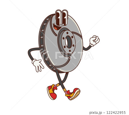 Cartoon retro groovy car break disk character. Car repair service retro cheerful mascot, auto braking system element funky isolated vector character, mechanic garage spare part groovy happy personage 122422955
