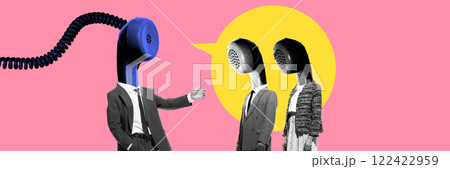 Creative digital artwork featuring three business figures with telephones as heads, symbolizing controlled corporate dialogue and structured conversations. 122422959