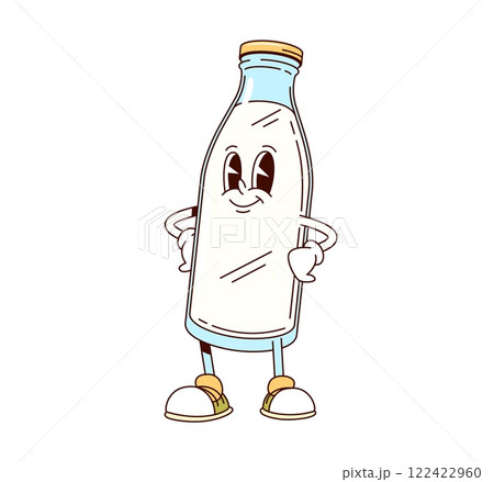 Groovy cartoon milk bottle cheerful character. Healthy nutrition dairy product cartoon isolated vector mascot, natural milk packaging funny character. Yogurt or cream bottle cheerful groovy personage 122422960