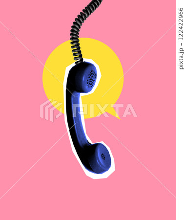 Conceptual artwork featuring floating blue vintage telephone with yellow speech bubble, representing digital communication and networking. 122422966