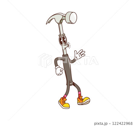 Groovy claw hammer DIY or repair tool character with funny face, cartoon vector mallet. Funky groovy claw hammer with smile and silly whistling for carpentry construction and building tool character 122422968