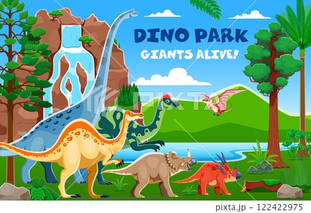 Dino park landscape with cartoon prehistoric dinosaur characters in forest with mountain waterfall. Dino park vector poster, cute titanosauria, styracosaurus, centrosaurus and pteranodon dinosaurs Dino park landscape with cartoon prehistoric dinosaur characters in forest with mountain waterfall. Dino park vector poster, cute titanosauria, styracosaurus, centrosaurus and pteranodon dinosaurs 122422975