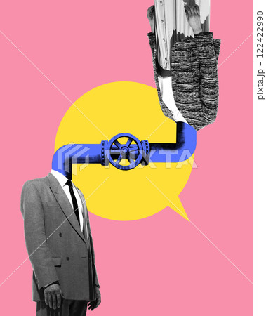 Creative digital artwork of man connected to upside-down figure through pipeline, symbolizing unstable communication and distorted conversations. Creative digital artwork of man connected to upside-down figure through pipeline, symbolizing unstable communication and distorted conversations. 122422990
