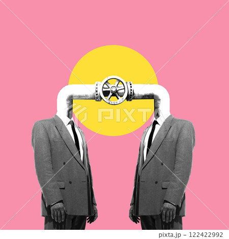 Conceptual collage of two men in suits connected by a pipeline, symbolizing communication, business relationships, and information flow. Conceptual collage of two men in suits connected by a pipeline, symbolizing communication, business relationships, and information flow. 122422992