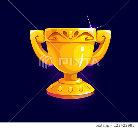 Game asset golden goblet cup for trophy award or reward prize, cartoon vector icon. Golden goblet with shine glow for game asset or award bonus, level up score or rank badge and victory reward Game asset golden goblet cup for trophy award or reward prize, cartoon vector icon. Golden goblet with shine glow for game asset or award bonus, level up score or rank badge and victory reward 122422993