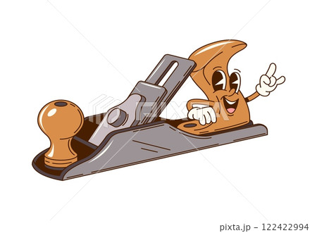 Cartoon groovy jointer plane character or work tool for repair and DIY construction, comic vector. Groovy jointer plane with funny face and funky fingers gesture for carpentry tool cartoon character 122422994