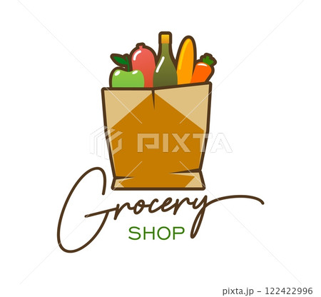 Grocery shop icon featuring a paper bag filled with fresh produce like apples, carrots, and a wine bottle. Isolated vector emblem representing supermarkets, food stores, and organic markets services Grocery shop icon featuring a paper bag filled with fresh produce like apples, carrots, and a wine bottle. Isolated vector emblem representing supermarkets, food stores, and organic markets services 122422996