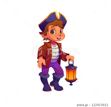 Kid corsair pirate character in party costume of captain in tricorne hat, cartoon vector. Funny kid boy in pirate sailor or Caribbean corsair costume as skipper or boatswain with lantern lamp Kid corsair pirate character in party costume of captain in tricorne hat, cartoon vector. Funny kid boy in pirate sailor or Caribbean corsair costume as skipper or boatswain with lantern lamp 122423012