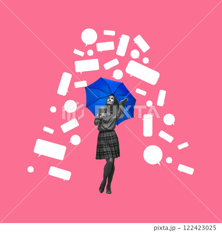 Monochrome image of young woman standing under blue umbrella against pink background with speech bubbles falling down. Conceptual design. 122423025