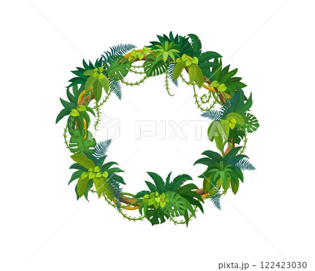 Tropical jungle frames, rain forest liana branches and leaves. Tropical forest shrub twig design element. Jungle liana or ivy branches isolated vector circle frame or creeper plant floral border 122423030