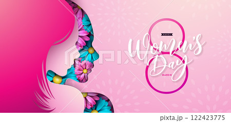 8 March. Happy Women's Day Floral Illustration. International Womens Day Vector Design with Spring Colorful Flower and Young Woman Face Silhouette on Pink Background. Women or Mother Day Theme 122423775