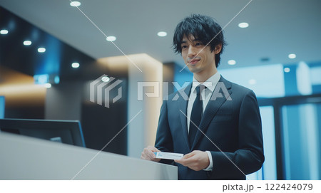 転職先の初出勤で受付手続きをするスーツ姿の. 122424079