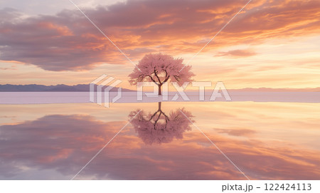 桜とウユニ塩湖が織りなす夕焼けの調和 122424113