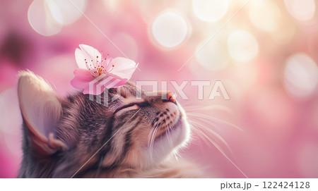猫の頭にそっと舞い降りた桜の花びら 122424128