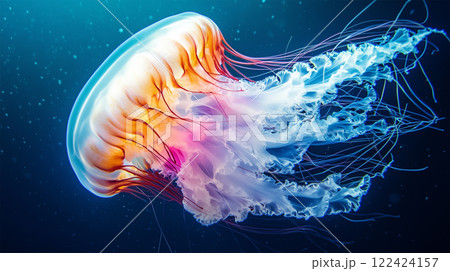 水中で泳ぐ巨大クラゲとダイバー 122424157