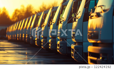 朝日を浴びた物流用大型トラックの列 朝日を浴びた物流用大型トラックの列 122424192