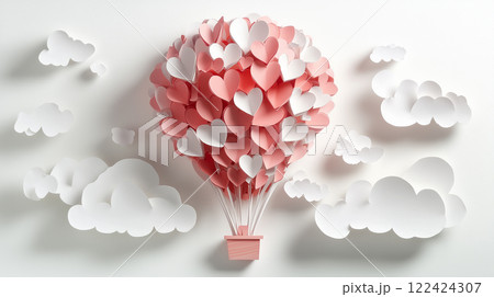 ハート型紙風船と白い雲のペーパークラフト ハート型紙風船と白い雲のペーパークラフト 122424307