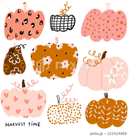 Creative decorative pumpkin set Autumn creative pumpkin collection isolated on white. Vector illustration 122424988