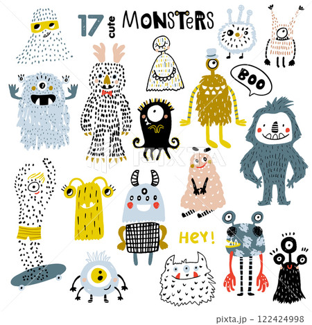 A huge set of funny hand drawn monsters characters isolated on white. Vector illustration A huge set of funny hand drawn monsters characters isolated on white. Vector illustration 122424998