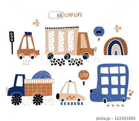 A set of city cars in cartoon childish style. Collection of Cute cars isolated on white A set of city cars in cartoon childish style. Collection of Cute cars isolated on white 122425005