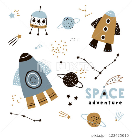 A set of cosmic graphic elements, rocket, planet, stars, ufo. Space cartoon icons isolated on white. Vector illustration A set of cosmic graphic elements, rocket, planet, stars, ufo. Space cartoon icons isolated on white. Vector illustration 122425010