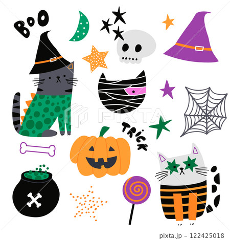 Creative cartoon set with Halloween elements isolated on white. Vector illustrations 122425018