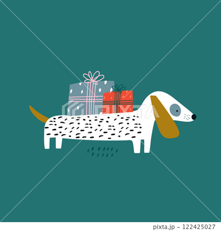 Cute hand drawn festive dog with gifts. Cartoon dachshund Christmas vector illustration for poster, cards, apparel. 122425027