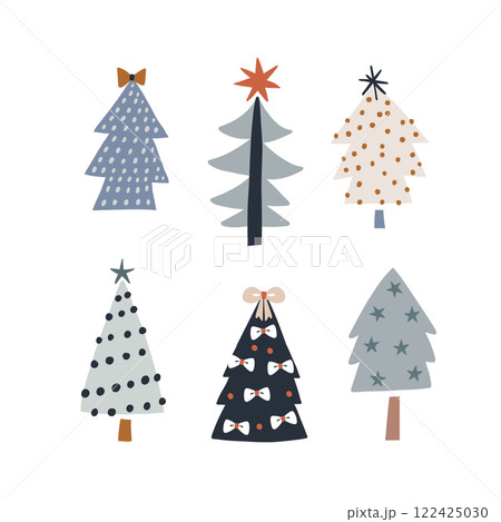 Set of four Christmas tree isolated on white. Creative festive trees. Ready for cards, stickers, invitations. Vector illustration Set of four Christmas tree isolated on white. Creative festive trees. Ready for cards, stickers, invitations. Vector illustration 122425030