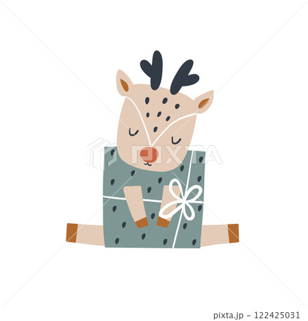 Cartoon cute dear in gift box isolated on white. Festive holiday background. Ready for cards, posters. Vector illustration Cartoon cute dear in gift box isolated on white. Festive holiday background. Ready for cards, posters. Vector illustration 122425031
