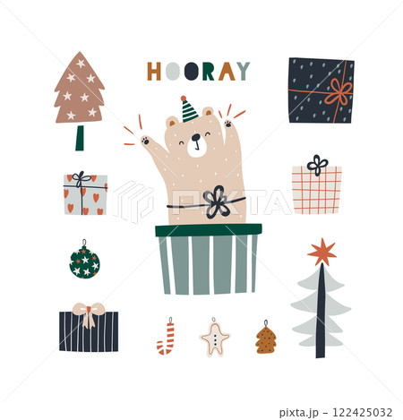 Cartoon celebrating bear in gift box surrounded with christmas items. Festive holiday background. Ready for cards, posters. Vector illustration 122425032
