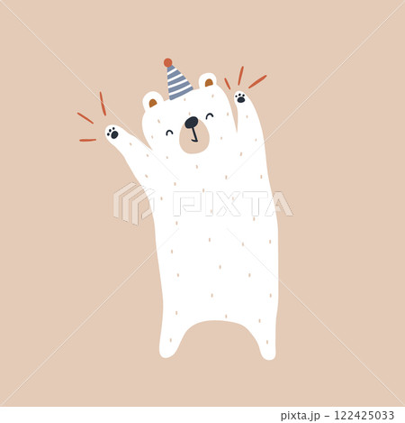 Cute party bear with a party hat. White cartoon bear great for apparel prints, poster, cards. Vector illustration Cute party bear with a party hat. White cartoon bear great for apparel prints, poster, cards. Vector illustration 122425033