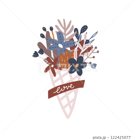 Floral ice cream bouquet with love lettering. Romantic vector illustration isolated on white 122425077