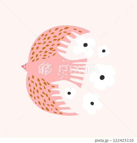 Pink creative bird in Scandinavian style. Hand drawn bird with flowers.Vector illustration 122425110