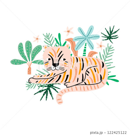 Cartoon tiger in the jungle foliage . Childish summer print for nursery, kids apparel,poster, postcard. Vector Illustration Cartoon tiger in the jungle foliage . Childish summer print for nursery, kids apparel,poster, postcard. Vector Illustration 122425122