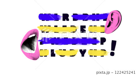 Conceptual art design. Pink lips and ear with censored words highlighted in blue and yellow strokes visualize distortion, miscommunication. Conceptual art design. Pink lips and ear with censored words highlighted in blue and yellow strokes visualize distortion, miscommunication. 122425241