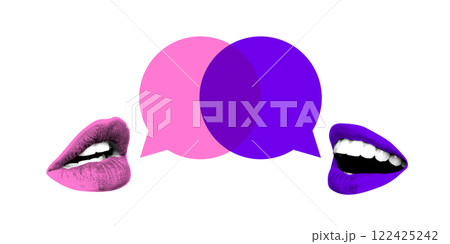 Conceptual art design. Pink and purple lips face each other with overlapping speech bubbles, symbolizing conversation, dialogue, and exchange of ideas. Conceptual art design. Pink and purple lips face each other with overlapping speech bubbles, symbolizing conversation, dialogue, and exchange of ideas. 122425242