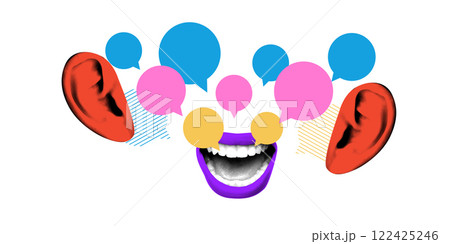 Creative art collage. Large purple lips with speech bubbles and red ears illustrate dynamic conversation, dialogue. Concept of listening and response. Creative art collage. Large purple lips with speech bubbles and red ears illustrate dynamic conversation, dialogue. Concept of listening and response. 122425246