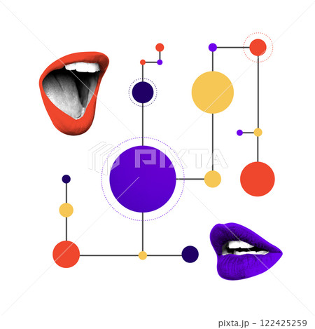 Modern artwork. Red and purple lips connected by abstract geometric nodes create conceptual representation of communication networks and information flow. Modern artwork. Red and purple lips connected by abstract geometric nodes create conceptual representation of communication networks and information flow. 122425259