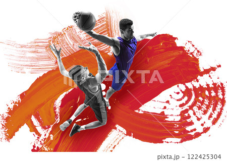 Modern art design. Basketball player in blue uniform soaring with ball, defender attempting block against fiery orange and red brushstroke background. Modern art design. Basketball player in blue uniform soaring with ball, defender attempting block against fiery orange and red brushstroke background. 122425304